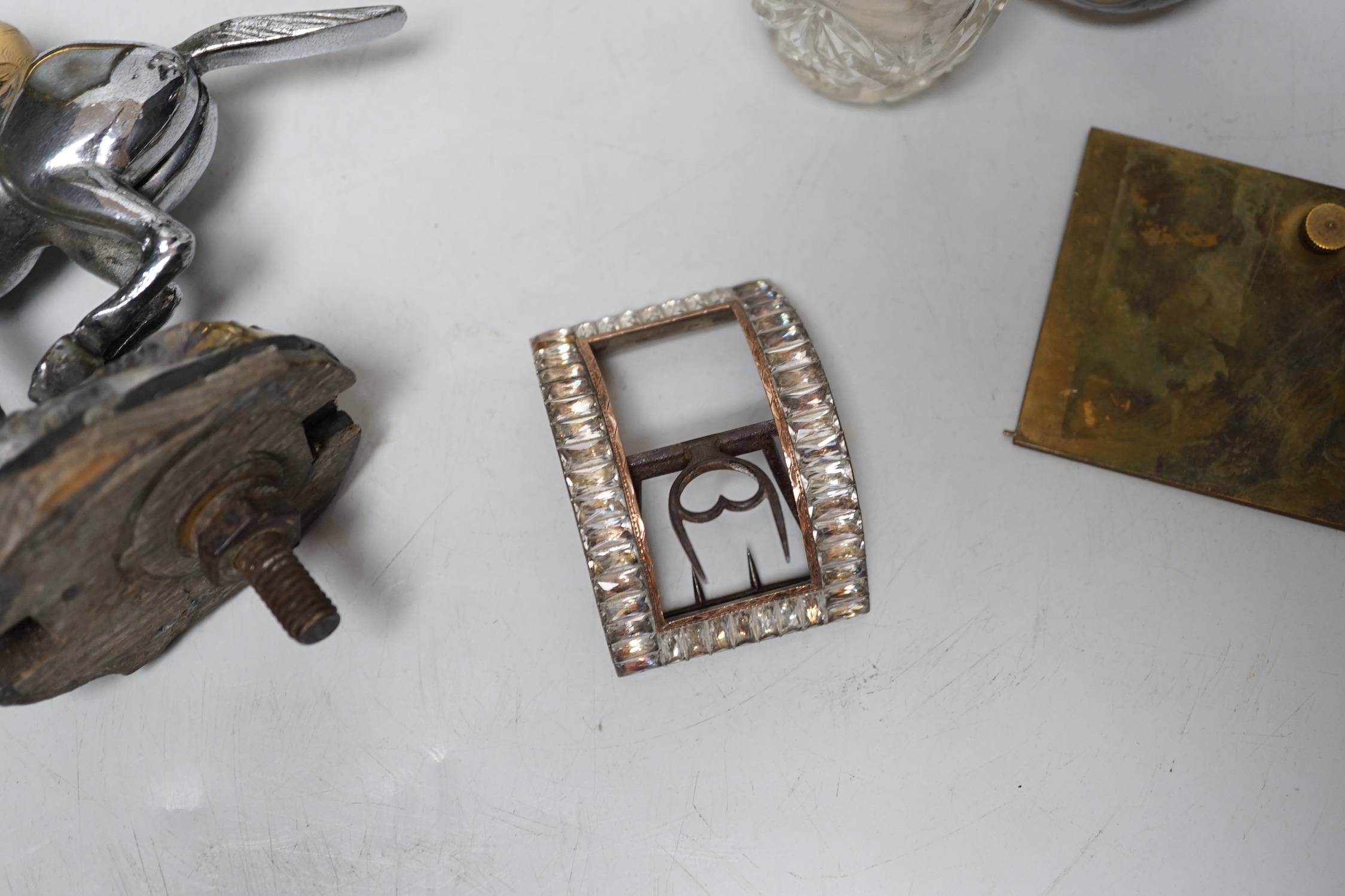 Antique and later objects including Georgian cut steel buckle, car mascot in the form a jockey on horseback, silver overlaid scent bottles and carriage clock with enamel dial